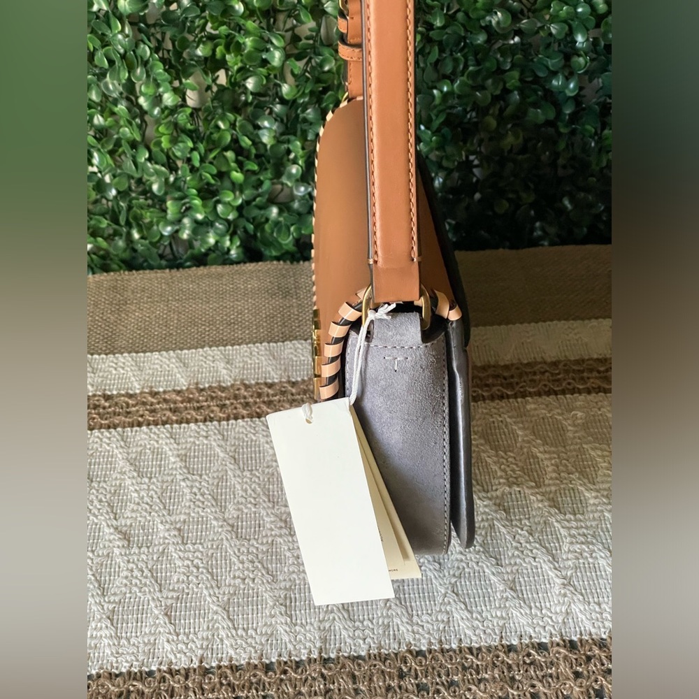 Authentic Tory Burch Britten Mixed Material Shoulder Bag Acorn Suede & Leather. - Picture 3 of 10